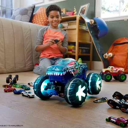 Hot Wheels Toy Truck Monster Trucks RC Oversized Remote Control Mega-Wrex Alive in 1:15 Scale, 3 Game Modes with Interactive Lights & Sounds