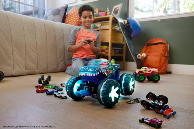 Hot Wheels Toy Truck Monster Trucks RC Oversized Remote Control Mega-Wrex Alive in 1:15 Scale, 3 Game Modes with Interactive Lights & Sounds