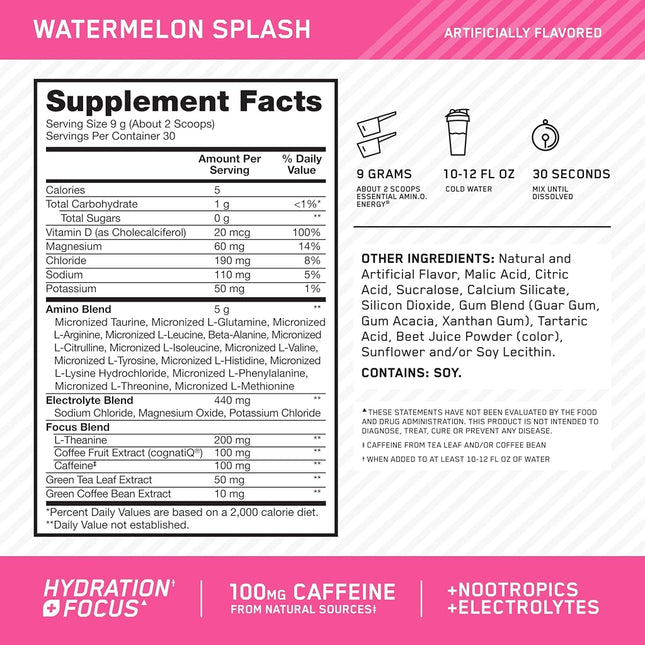 OPTIMUM NUTRITION Amino Energy + Electrolytes Powder, Watermelon Splash, 285g, 30 Servings