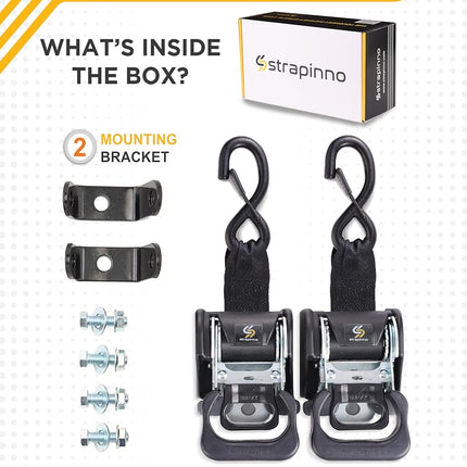 Strapinno 2PCS Retractable Ratchet Straps (1 7/8 in x 4 ft) Heavy Duty Transom Tie Downs for Boat, PWC Trailer - Extra Mounting Brackets & Bolt Set,Safety Latch S-Hook,Break Strength 2,600LBS/1,180KG
