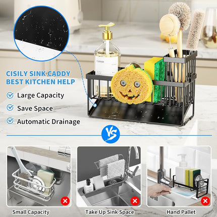 Cisily Sink Caddy With Smiley Face Sponge Holder, 304 Stainless Steel Rustproof(Black)