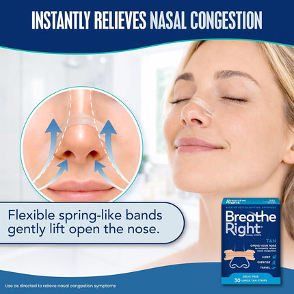 Breathe Right Drug-Free Nasal Strips, Tan, Large, for Nasal Congestion Relief, 30 count