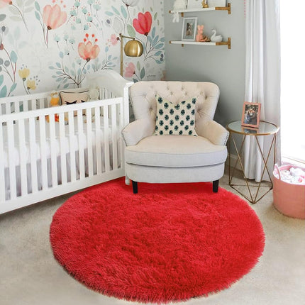 Amdrebio Red Round Rug - Fluffy Circle Carpet, 5'X5', Plush for Bedroom, Kids, Teen Girls, Nursery, Dorm, Baby Room Decor