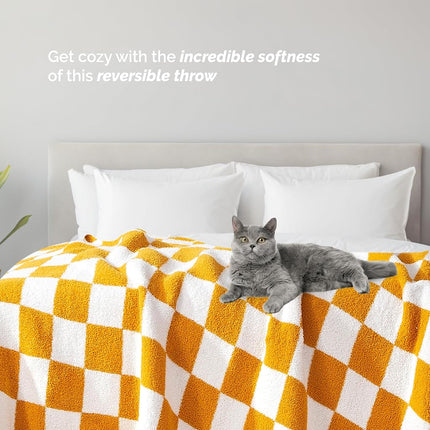 Elegant Comfort Checkered Throw Blanket, Gold Super Soft Cozy Fluffy Warm Throw Blankets for Couch, Sofa, Chair, Bed, Camping, Picnic, Travel Lightweight Bed Blanket (50" x 70")