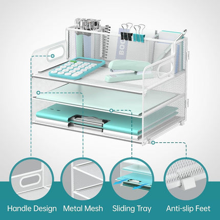 SUPEASY Organiseur de bureau 3 niveaux avec poignée et 3 porte-stylos, Organiseur de papier/dossiers en maille pour bureau, Trieur à courrier pour fournitures de bureau (Blanc), 1 pièce, 3CST-3PH
