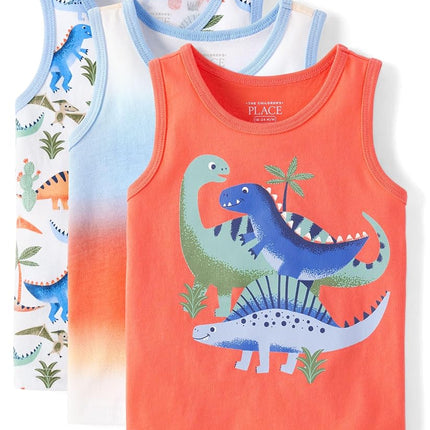 The Children's Place Boys' and Toddler Assorted Tank Top, Dinos 3-Pack, 9-12 Months