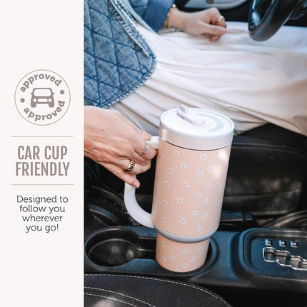 Ello Oasis 30 oz Tumbler with Handle & Retracting Straw | Reusable Insulated Stainless Steel Cup 100% Leakproof, Gifts for Teens Women Men | Keeps Cold for 24 Hours, Cup Holder Friendly, Pink Gingham