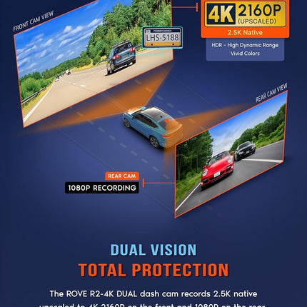 ROVE R2-4K DUAL Dash Cam Front and Rear, STARVIS 2 Sensor, FREE 128GB Card