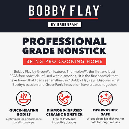 Poêle à frire antiadhésive GreenPan x Bobby Flay 8 po, en céramique diamant sans PFAS, compatible induction, poignée en silicone froide au toucher, facile à nettoyer au lave-vaisselle et au four, poêle à œufs et omelettes, crème