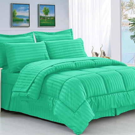 Elegant Comfort Silky Soft 8-Piece Dobby Stripe Bed-in-a-Bag Comforter Set, Includes 4pc Smart Sheet Set, Bed Skirt, Comforter, Matching Pillowcases and Shams - Twin/Twin XL, Paradise Teal