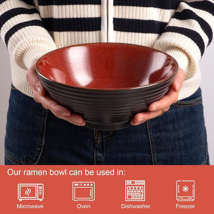 HOKELER Ceramic Japanese Ramen Bowl Set, 2 Sets Asian Pho Udon Soup Noodle Bowls with Spoons and Chopsticks (Red, 8 inches)