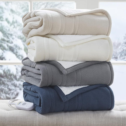 Couverture Chauffante Serta – Couverture Électrique Polaire et Sherpa Réversible, Chauffage Rapide, Minuteur d'Arrêt Automatique, Plusieurs Niveaux de Chaleur, Certifiée ETL, Lavable en Machine, Ivoire 127 x 152 cm