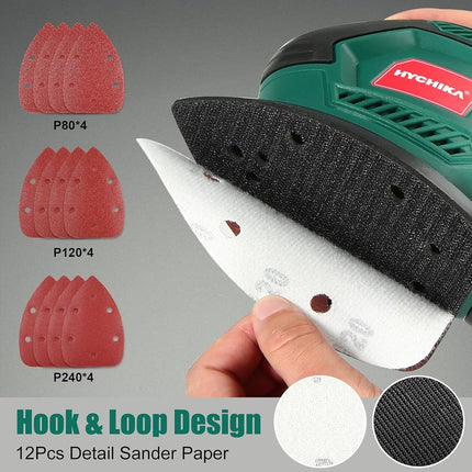 Detail Sander, HYCHIKA 200W 14000OPM Detail Sander with Efficient Dust Collection System, 12PCS Sandpapers, Hand Sanders for Woodworking Tight Space Sanding Home Decoration DIY Tools