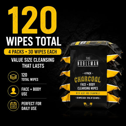 4 lingettes nettoyantes au charbon pour le visage et le corps, 120 unités