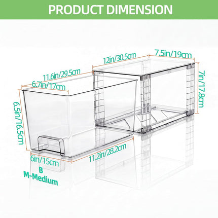 XWYWX Medium Clear Stackable Storage Drawers (2 Pack), High-strength Acrylic Organizer Bins with Handles, Plastic Drawers for Fridge Bathroom Cabinet Closet Undersink Pantry Kitchen Makeup Storage