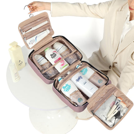 NISHEL Travel Toiletry Bag for Women, Portable Hanging Organizer for Family-Sized Shampoo, Conditioner, Brushes Set, Makeup Accessories, Extra Large Size, Peach Pink