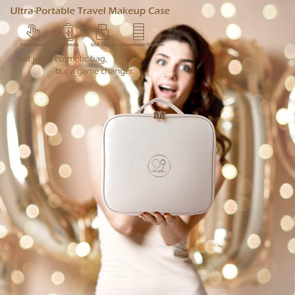 MOMIRA Travel Makeup Bag Cosmetic Bag Makeup Organizer Bag with Lighted Mirror, Adjustable Brightness in 3 Color Scenarios, Waterproof Makeup Train Case - Khaki