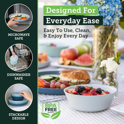 Grow Forward Premium Wheat Straw Plates and Bowls Sets - 8-Piece Wheat Straw Dinnerware Sets - Unbreakable & Reusable Microwave Safe Plastic Dinner Plates for Outdoors, RV, Camping Dishes - Seascape