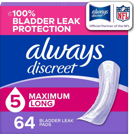 Always Discreet Adult Incontinence Pads for Women, Heavy Absorbency, Long Length, Postpartum Pads, 64 CT