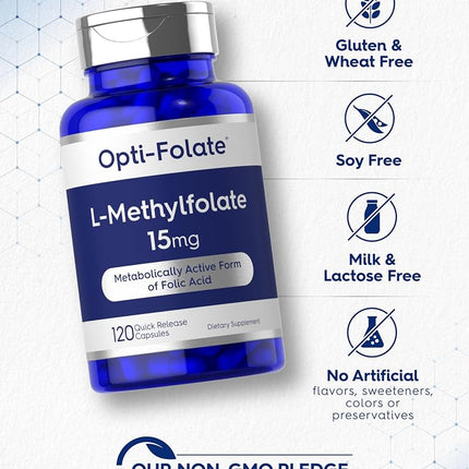 L Methylfolate 15mg | 120 Capsules | Value Size | Max Potency | Optimized and Activated | Non-GMO, Gluten Free | Methyl Folate, 5-MTHF | by Opti-Folate