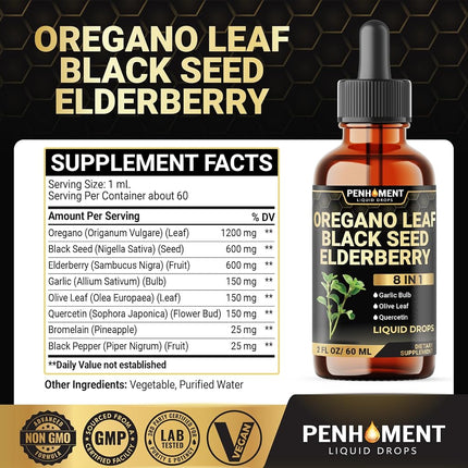 Penhoment 8in1 Oil of Oregano Drops with Black Seed Oil Liquid | Contains Carvacrol | Garlic, Elderberry, Olive Leaf, Quercetin, Bromelain - 2 Fl Oz