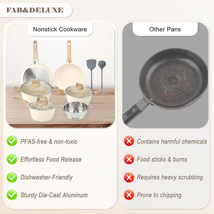 FAB&DELUXE Nonstick Cookware Set,11 Pcs Nonstick Pots and Pans, Aluminum Cooking Set with Lids & Wooden Handles, Non-Toxic Healthy Kitchen Cookware Sets, Silicone Spoons & Spatulas, PFAS & PFOA Free