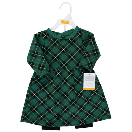 Hudson Baby Vestido y Leggings Acolchados de Algodón Unisex para Bebé, Cuadros Verde Bosque, 2T