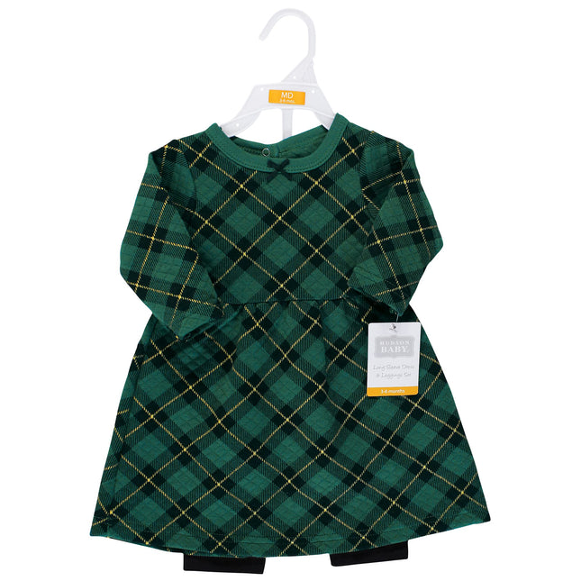 Hudson Baby Unisex Baby Quilted Cotton Dress and Leggings, Forest Green Plaid, 3T