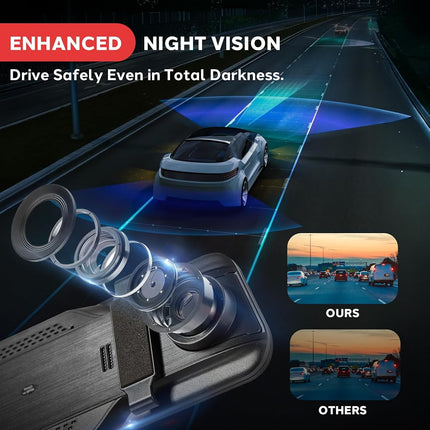 Pyle Dual Dash Cam Rearview Mirror, 1080p Full HD Front and Rear Car Camera with Night Vision, G-Sensor, Loop Recording, 9.66” Touchscreen, Backup Cam, Motion Detection, Wide-Angle Lens, 12" x 2" x 3"