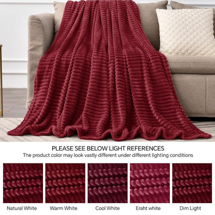 BEDELITE Ribbed Jacquard Burgundy Fleece Twin Blanket for Couch, 60x80 Inch