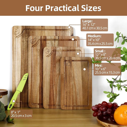 TJ POP Acacia Wood Chopping Board Set of 4, Wooden Chopping Boards with Food Symbols for Kitchen, Charcuterie Board for Meat, Vegetables, Fruits, Cheese
