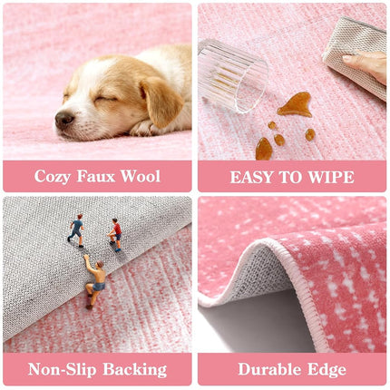 Wonnitar Washable 3x5 Area Rug, Pink Rugs for Girls Bedroom, Contemporary Ombre Nursery Soft Mat for Baby Girl, Modern Non-Skid Faux Wool Indoor Carpet for Bathroom Dorm Bedside (Pink,3'x5')