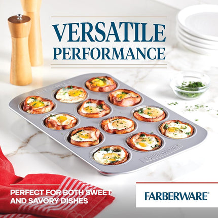 Farberware Nonstick Bakeware 12-Cup Muffin and Cu-Pieceake Pan, Gray