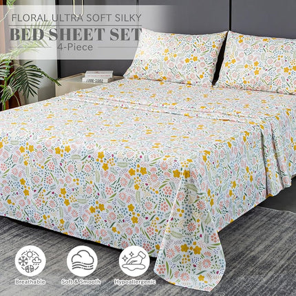 Bedlifes Queen Sheet Set Ultra Soft Breathable Silky Flower Bed Sheets Deep Pocket 100% Microfiber Bedding Sheets 4 Piece Queen Size Floral