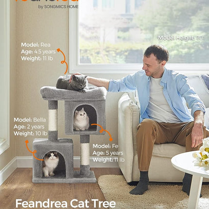 Feandrea Cat Tree Tower, 74 cm, M, Condo for Medium Cats up to 11 lb, Large Perch, 2 Caves, Scratching Post, Light Gray UPCT612W01