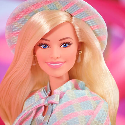 Barbie  The Movie Doll, Margot Robbie as , Collectible Doll Wearing Blue Plaid Matching Set with Matching Hat and Jacket, HRF26