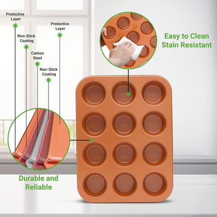 NutriChef 12-Cup Copper Oven Muffin Pan, Non-Stick Coated Layer Surface, Even Heating Muffin Tray for Muffins, Cupcakes, Pastries & Mini Pies, Used for Model Number NCBSCC54
