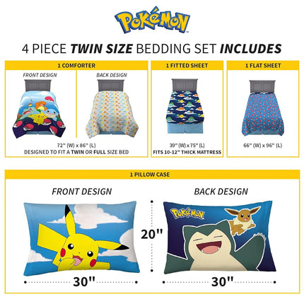 Parure de lit Franco super douce avec couette et draps, 4 pièces taille jumeau, Pokémon (les motifs peuvent varier)