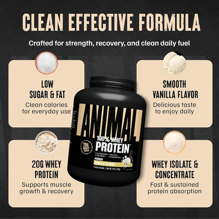 Animal Protein Powder 100% Whey - 4.6g BCAA - Only 1g Added Sugar, No Artificial Colors, Sports Nutrition Concentrate-Isolate Blend - Recovery Supplement and Post Workout Shake - Vanilla - 4lb