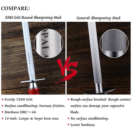 Kopala Efficient 12 InchES Round Honing Steel Magnetized High Hardness Sharpening Rod Knife Sharpener Steel for Kitchen Knives, Honing Rod with Gift Box