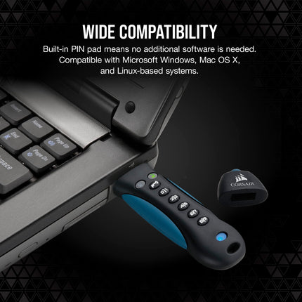 Corsair Flash Padlock 3, unidad flash USB 3.0 segura de 256 GB con teclado (cifrado AES de 256 bits, estándares de seguridad FIPS 197, carcasa de goma resistente, teclado PIN incorporado) negro/azul