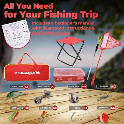 DaddyGoFish Kids Fishing Pole – Telescopic Rod & Reel Combo with Collapsible Chair, Rod Holder, Tackle Box, Bait Net and Carry Bag for Boys and Girls (Red, 4)