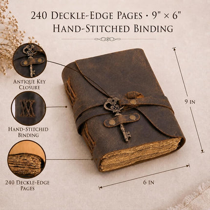 Vintage Leather Journal - Antique Handmade Deckle Edge Vintage Paper Leather Bound Journal - Book of Shadows Journal - Leather Sketchbook - Drawing Journal - Great Gift - 240 Pages (9" x 6")