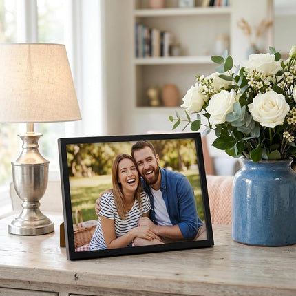 Americanflat 9x12 Picture Frame with Shatter-Resistant Glass - Streamline Collection - Thin Border Photo Frame for Tabletop and Wall Display - Hanging Hardware and Easel Stand Included - Black