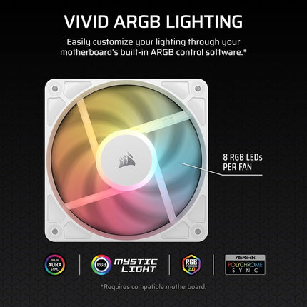 Corsair RS120-R ARGB 120mm PWM ARGB Reverse Fans – Reverse Rotor, +5V Connections, Eight RGB LEDs, High Static Pressure, Daisy-Chain, Magnetic Dome Bearing, Zero RPM Mode – Triple Pack – White