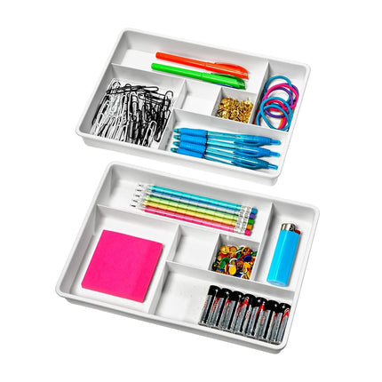 Madesmart Set of 2 Plastic 6-Compartment Drawer Organizer Gadget Trays, Multipurpose Storage Bins for Drawers, White