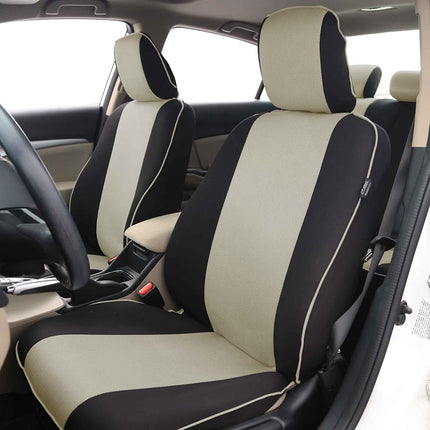 FH GROUP FH-FB063102 Pair Set Sports Fabric Car Seat Covers Beige / Black, Airbag compatible and Split Bench W. FH2033 Steering Wheel Cover and Seat Belt Pads- Fit Most Car, Truck, Suv, or Van