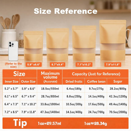 100 Pcs Resealable bags,Stand Up Brown Kraft Paper Bags with Matte Window, Zip Lock Food Storage Bags for Packaging Products, Reusable, Sealable(7.9" x 11.8")