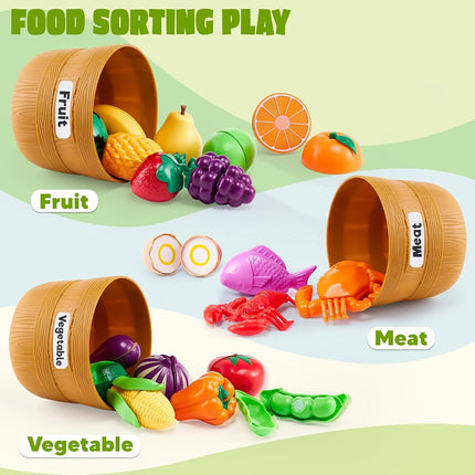 JOYIN 69-Piece Montessori Play Food Set- Cutting Fruits & Vegetables Toys for Toddlers 3-5, Pretend Kitchen with Shopping Basket, Educational Sorting & Counting Games for Daycare. (BPA Free)