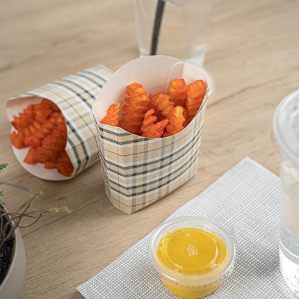 Bio Tek 4.5 x 3.2 x 3.9 Inch French Fry Cup, 100 Disposable Snack Cups - Stackable, Sustainable, Plaid Paper 3 Ounce Fry Holder, for Fries, Onion Rings, Popcorn, or Cookies - Restaurantware